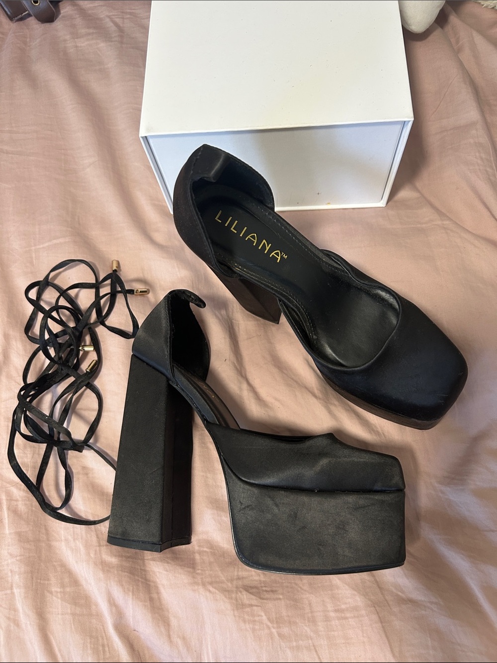 Liliana Black Lace-Up Platform Block Heels